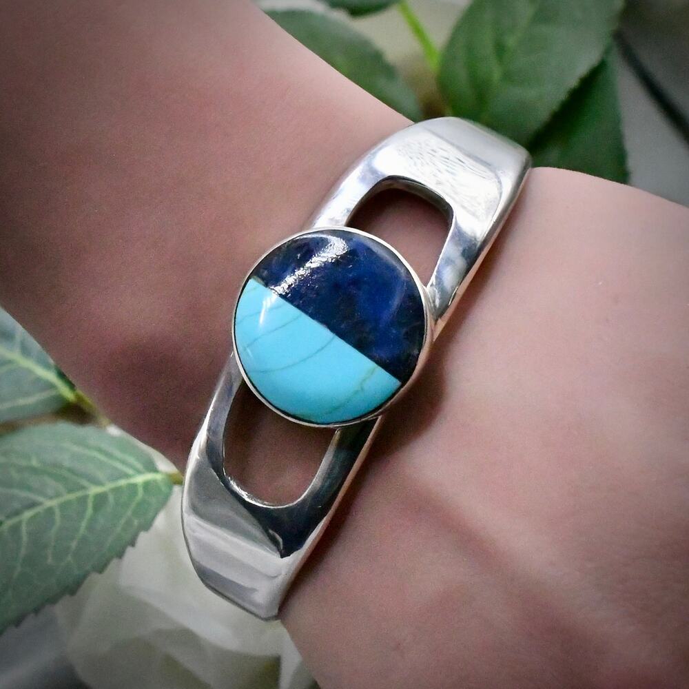 Taxco Mexico 950 Silver Turquoise Lapis Modernist Hinged Bangle Cuff TN-62 67g